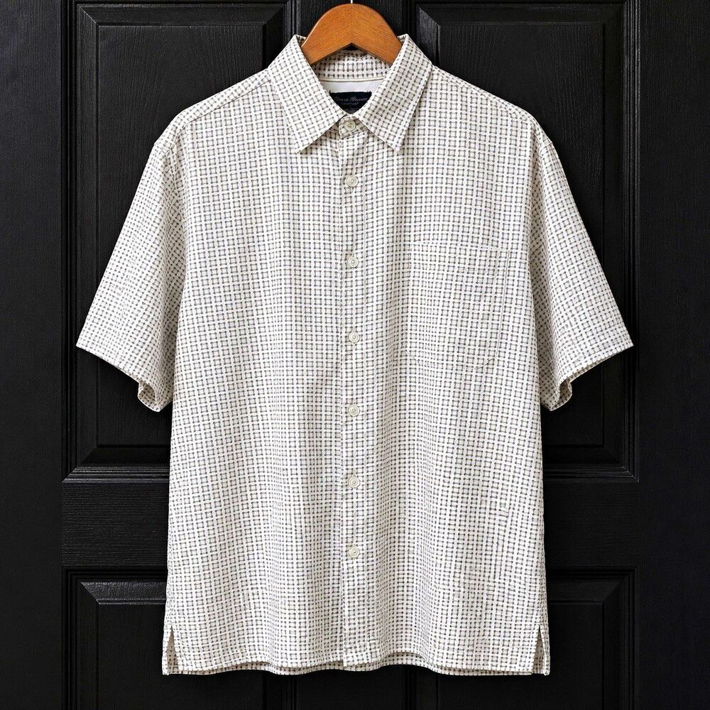 Linea Rosso Signature Men's M White Gray Geometric Silk Short Sleeve Button-Up